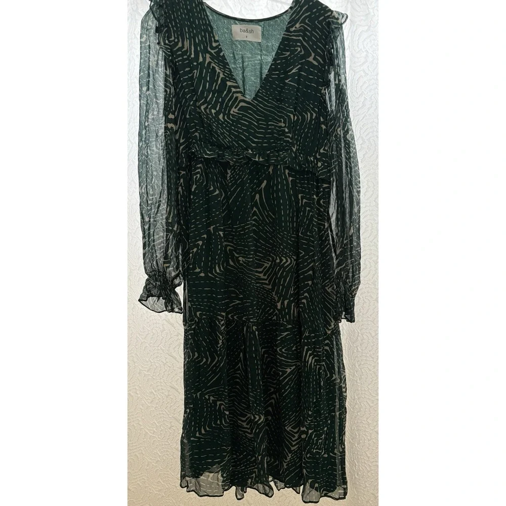 Ba&sh Lady Dress Women 2 US 6 Midi Forrest Fairy Geo Design Bohemian Green/Cream - Picture 3 of 16